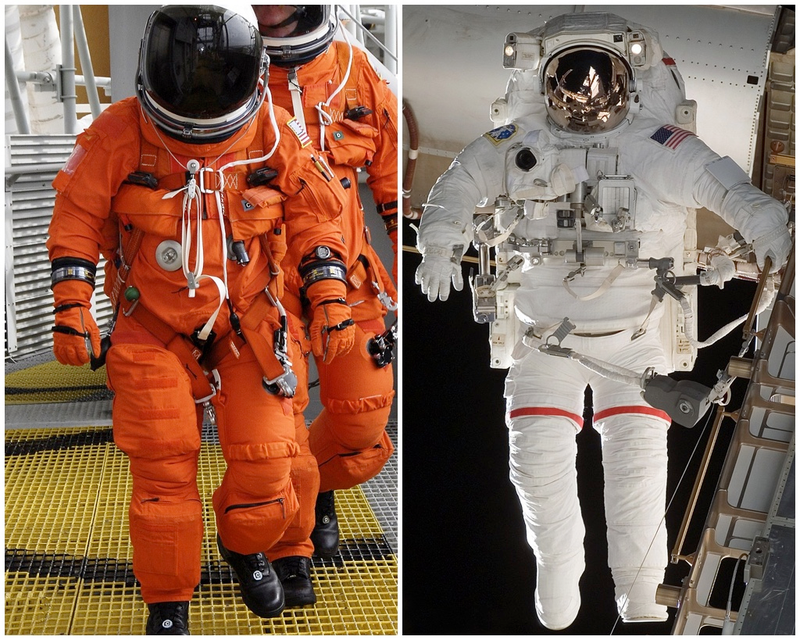 Izquierda: Astronautas de la NASA antes de partir con un traje ACES (IVA) en el transbordador espacial. Derecha: un astronauta con traje EMU (EVA) realiza una caminata espacial durante la construcción de la Estación Espacial Internacional. (Imágenes: NASA)